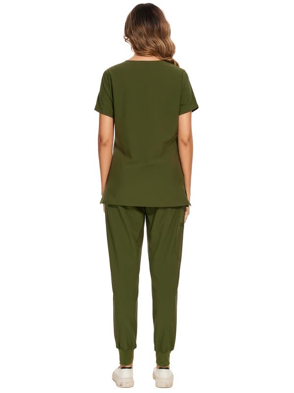 COZYFIT Scrubs for Women Set - Stretch V-Neck Scrub Top & Jogger Pant with 8 Pockets, Yoga Waistband, Anti Wrinkle, Slim Fit Women Scrubs - Olive Green, XS