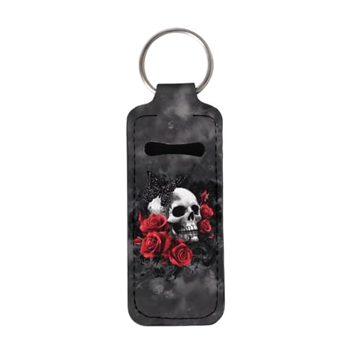 Red Rose Skull Chapstick Holder Keychain Clip