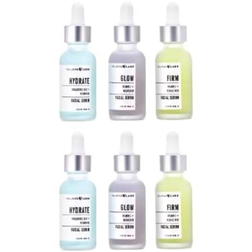 Valjean Labs Facial Serum, Combo Pack of Hydrate, Glow, and Firm | Supercharged, Targeted Skincare Ingredients | Paraben Free, Cruelty Free, Made in USA (1oz Bottles, 6 total)