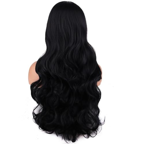 RightOn Long Wavy Black Wig for Women - Heat-Resistant 26"