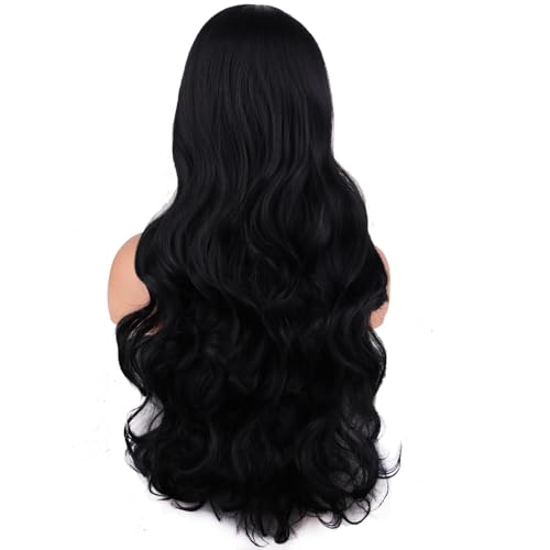 RightOn Black Long Wavy Wig for Women - 65cm Synthetic Hair, Adjustable Cap