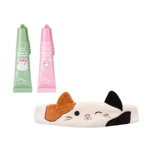 TONYMOLY x Squishmallows Keina Keychain Spicy Wasabi Lip Plumper + Patty Keychain Strawberry Shortcake Lip Gloss + Cam the Cat Plush Headband for Skincare and Makeup, Washing Face, Makeup Application
