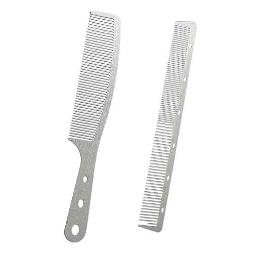 2 Pcs Metal Comb, Stainless Steel Fine Tooth Comb, Unbreakable Teeth Design, Anti Static comb, Heat Resistant, Professional Barber Comb Set, hair combs for men, Wood Grain Design