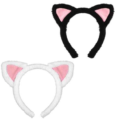 2 Pack Cat Ears Headbands Soft Cute Ear Hair Hoop Hairbands for Adults Kids Girls Women Makeup Shower Yoga Cosplay Photo Props Birthday Costume Party Christmas Decoration Headpiece(Black,White)