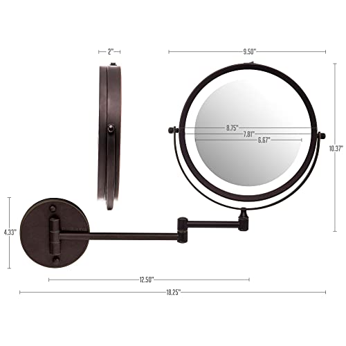 OVENTE 9" Lighted Wall Mount Makeup Mirror with 1X/7X Magnification, Cordless Double Sided Magnifying Round Vanity Mirror, 360¡Æ Swivel Design, Extendable and Folding Arm, Antique Bronze MFW85ABZ1X7X