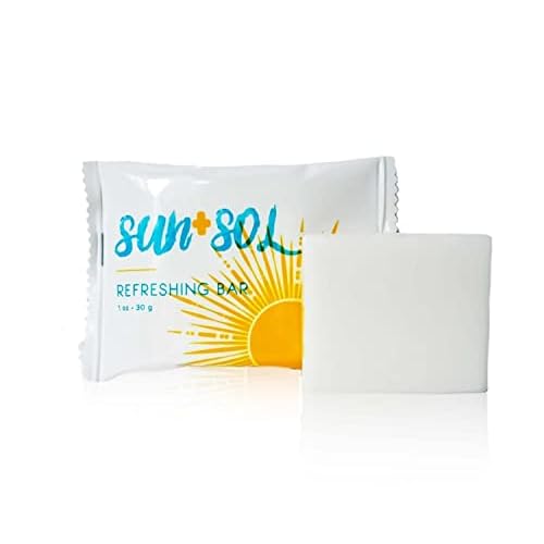 World Amenities Sun + Sol Bulk Refreshing Soap Bar with Warm Coconut & Vanilla Fragrances, Sachet Wrapped Travel Size Toiletries, Mini Hotel Amenities, 1 Oz, 100 Count