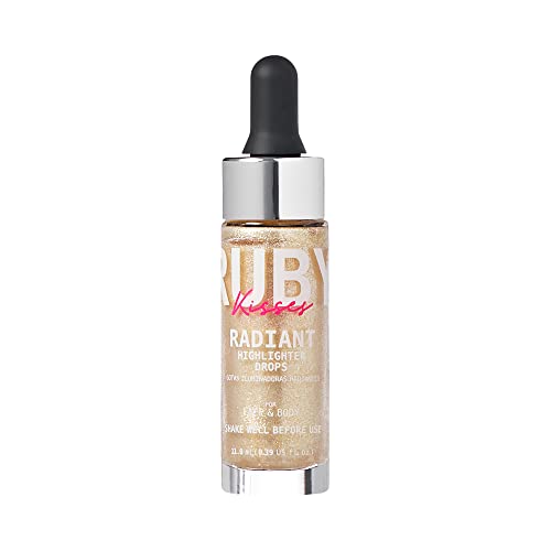 Ruby Kisses Radiant Drops, Shimmer Liquid Highlighter Makeup, Smooth Illuminator for Face Body, Natural Glow Dewiness Glitter for Skin (Champange)