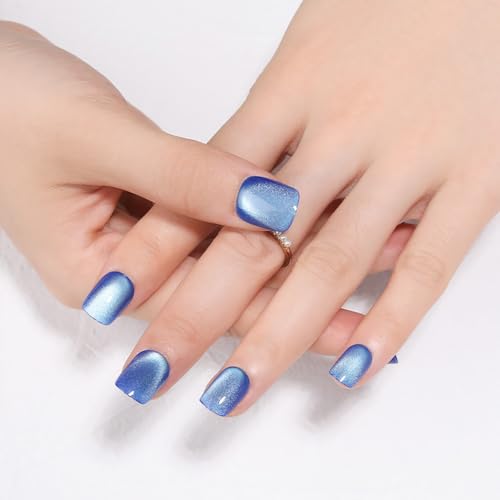 Royal Blue Cat Eye Press On Nails Short Square 30 Pcs
