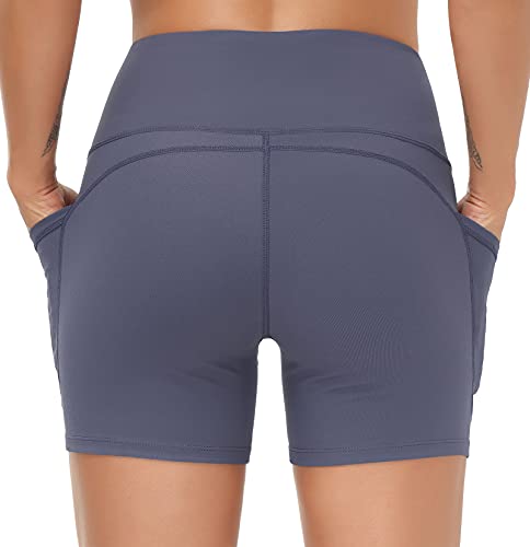 THE GYM PEOPLE High Waist Yoga Shorts for Women Tummy Control Fitness Athletic Workout Running Shorts with Deep Pockets (Small, Ink Blue)