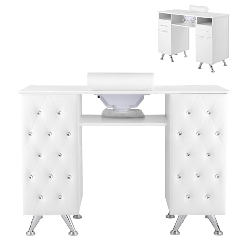 Professional Manicure Table with Glass Top & Storage Cabinets