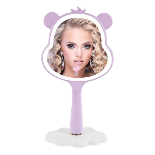 Impressions Vanity Care Bears Share Bear LED Handheld Makeup Mirror for Desk, Lighted Travel Makeup Mirror with Detachable Standing Base, Ultra Bright Adjustable Lighting and Figural Shaped (Purple)