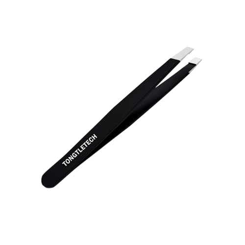 TONGTLETECH Black Stainless Steel Eyebrow Tweezers - Precision Slant Tip for Facial Hair Removal