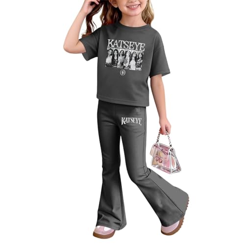 Kids Girl Short Sleeve Shirt & Flared Pants Set 12-13 Years Gray MABUTINGTI