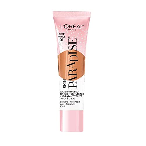 L'Oreal Paris Skin Paradise Water-infused Tinted Moisturizer with Broad Spectrum SPF 19 sunscreen lightweight, natural coverage up to 24h hydration for a fresh, glowing complexion, Deep 01, 1 fl oz