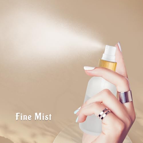 12 Pack 2 oz Glass Spray Bottles,Empty Perfume Fine Mist Atomizer,Natural Bamboo Pump Head Travel Liquid Holder Containers for Cologne,Essential Oils,Body Sprays,Room Sprays-Clear Frosted