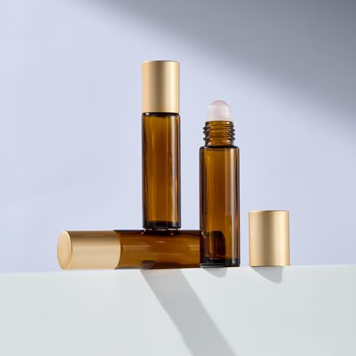 6 Pack Rose Quartz Roller Bottles for Essential Oils - 10ml Amber Glass