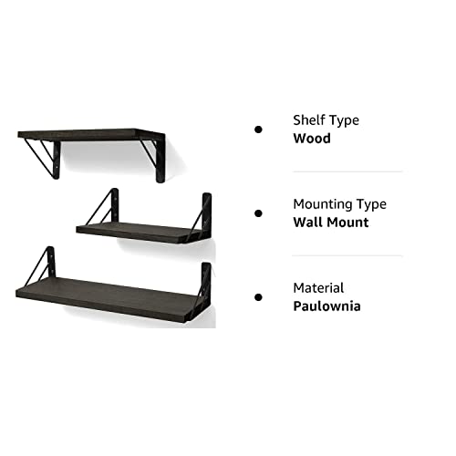 BAYKA Floating Shelves for Wall, Wall Mounted Rustic Wood Shelves for Bathroom, Bedroom, Living Room, Kitchen, Hanging Shelf for Books/Storage/Room Decor with 22lbs Capacity (Black, Set of 3, 16in)