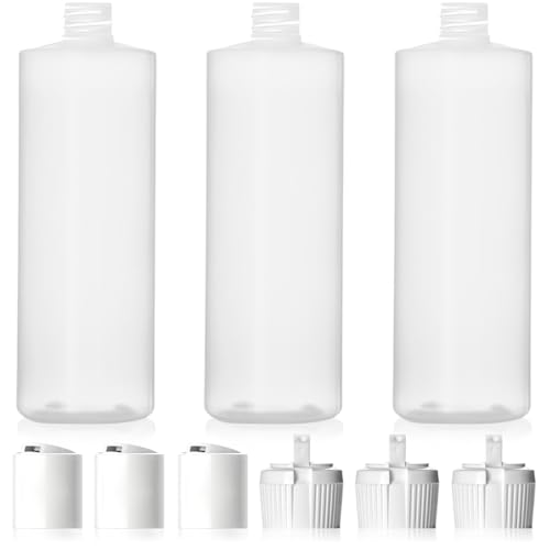 Bar5F Plastic Bottles, 16 oz, 3-Pack with 6 Caps, BPA-Free HDPE, Empty Squeeze Dispensing Multipurpose Containers