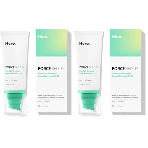 Hero Cosmetics Force Shield Superlight Sunscreen SPF 30 - Everyday Lightweight Sunscreen for Face & Acne-Prone Skin with Zinc Oxide - Fragrance Free 50 ml (Pack of 2)