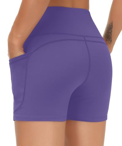 THE GYM PEOPLE High Waist Yoga Shorts for Women's Tummy Control Fitness Athletic Workout Running Shorts with Deep Pockets Bright Purple