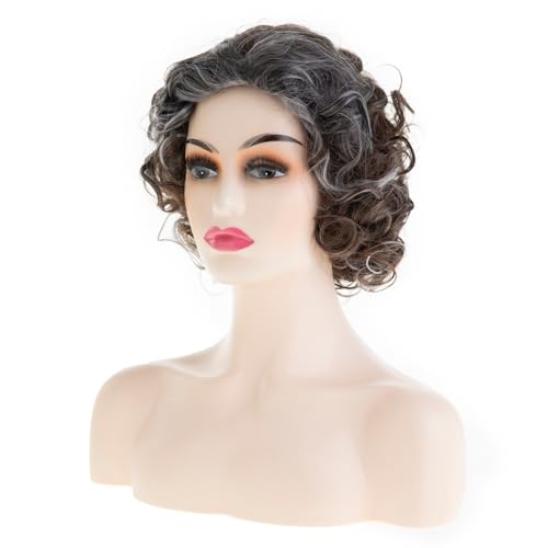 Short Brown Mixed Grey Curly Bob Wig for Women - Cosplay Hair