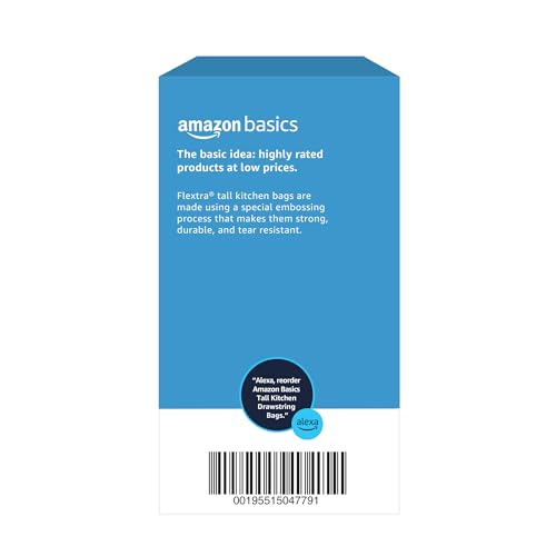 Amazon Basics 13 Gallon Tall Kitchen Drawstring Trash Bags 50 Count - Flextra Tear-Resistant, Recycled Material