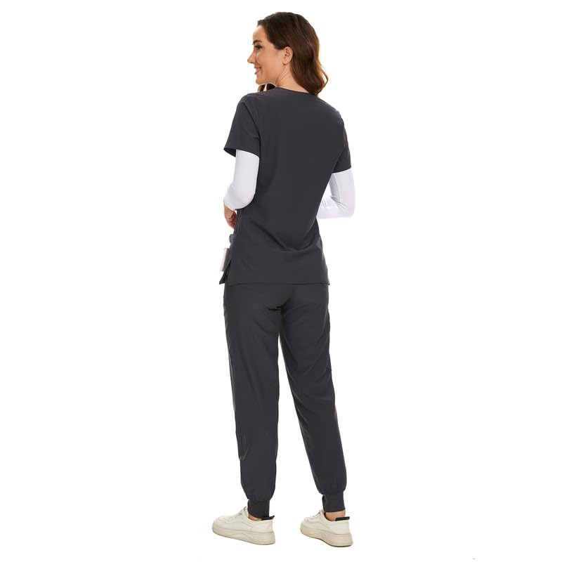 COZYFIT Scrubs for Women Set - Stretch V-Neck Scrub Top & Jogger Pant with 8 Pockets, Yoga Waistband, Anti Wrinkle, Slim Fit Women Scrubs