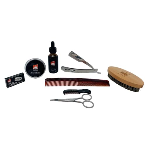 G.B.S Beard Grooming Set Includes Beard Oil, Beard Balm, 3" Boar Bristle Brush, 7 Inches Dressing Comb, 5 Inches Shave Razor and 10 Blades, 3" Mustache Comb, Trimming Scissors, Pack of 8
