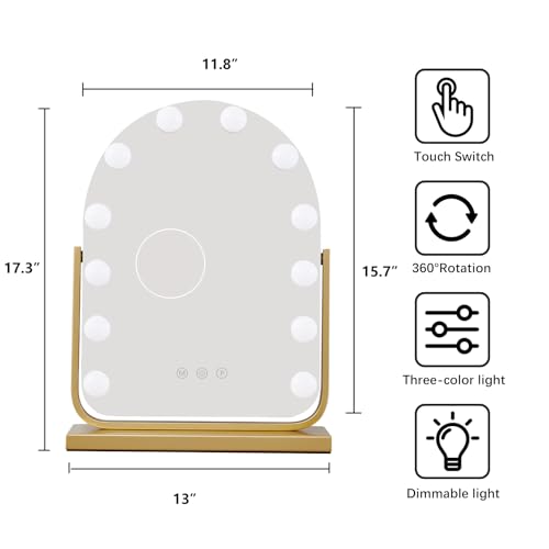 Vanity Mirror with Lights,17.3"¡¿13" Lighted Makeup Mirror with 12 Dimmable LED Bulbs,10X Magnification Smart Touch Control Hollywood Mirror with Lights,3 Colors Dimmable,360¡Æ Rotation (Gold)