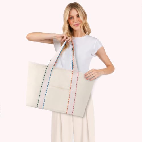 Rainbow Rick Rack Tote Bag for Women - Natural Cotton Canvas, Reinforced Handles