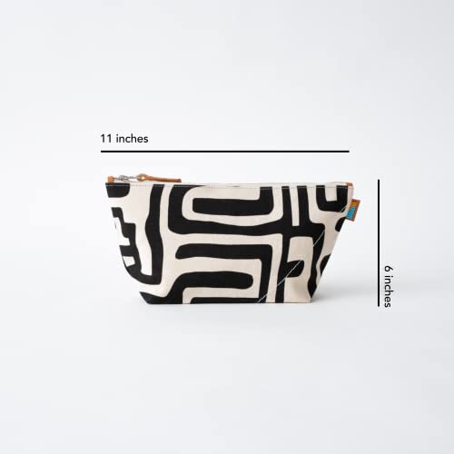 Ubuntu Life Kuba Pouch ? Makeup & Toiletry Bag for Women Made with Natural Cotton Canvas, Stylish Cosmetic Bag with Kuba African Print (Black & Eggshell, Large)