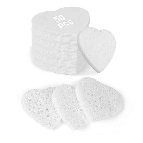 50-Count Heart Shape Compressed Facial Sponges,100% Natural Cellulose Face Sponge Spa Sponges for Removing Dead Skin, Dirt and Makeup(White)
