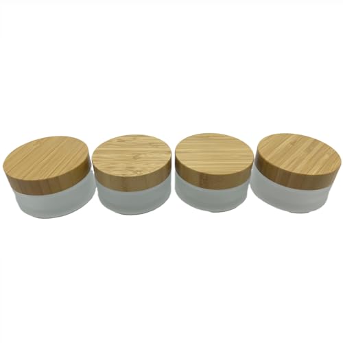 Empty Refillable Frosted Glass Cosmetic Cream Jar 4 Pack 3.3 OZ/100g with Bamboo Lids,Skin Care Travel Containers Pot for Clay Masks,Butter,Body Scrub,Lip Balm, Ointments, Lotion Frost