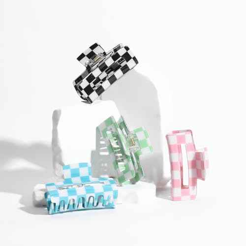 LuSeren 4 Pack 3 Inch colorful Hair Claw Clips for Women, Medium Rectangle Acetate Jaw Clips in Black, Pink,Green, Blue, Stylish Checkered Hair Accessories for Girls