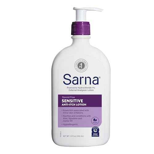 Sarna Sensitive Anti-Itch Lotion, Steroid-Free, Fragrance-Free, Vegan, Hypoallergenic, National Eczema Association Accepted, 1% Pramoxine Hydrochloride, 12 oz