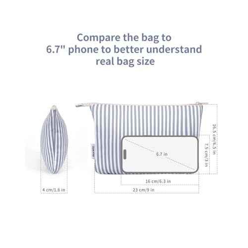 Narwey Small Striped Makeup Bag for Purse Travel Makeup Pouch Cosmetic Bag Zipper Pouch Bags for Women (Greyish Blue Stripe)