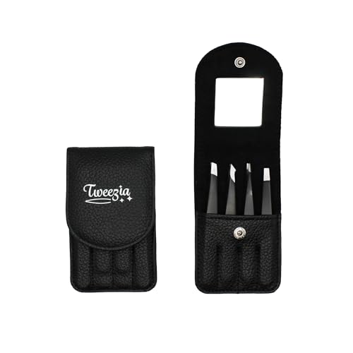 Stainless Steel Precision Tweezers Set, 4-Piece with Mirror Case