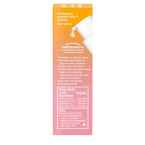 Neutrogena Invisible Daily Defense Broad Spectrum SPF 60, Antioxidants for Skin Glow, Hydrating Face Sunscreen Serum, Water Resistant (80 minutes), Oil-Free, Fragrance Free, Non Comedogenic, 1.7 Fl Oz