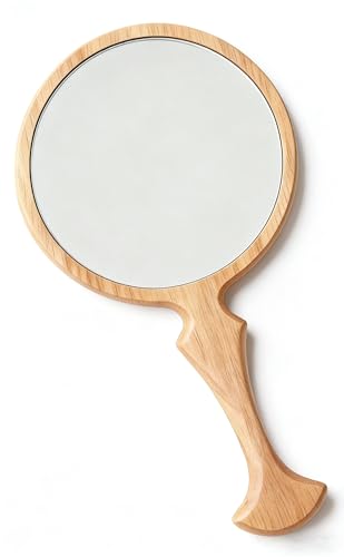 Wooden Handheld Mirror 5.1" Vintage Round Beech Wood with Handle