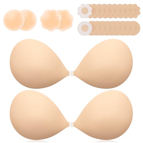 Invisible Sticky Bra Push Up - Reusable Silicone, B Cup, Beige (2 Pack)
