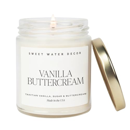 Sweet Water Decor, Vanilla Buttercream, Vanilla, Sugar, and Buttercream, Sweet Scented Soy Wax Candle for Home | 9oz Clear Jar, 40 Hour Burn Time, Made in the USA