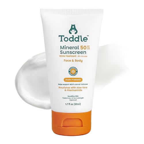 Prebiotic Mineral Sunscreen SPF 50 for Kids & Baby, Face & Body Sun Protection, Reef Safe, Non-Toxic Zinc Oxide Broad Spectrum, Water-Resistant, No White Cast, Travel Size 1.7oz