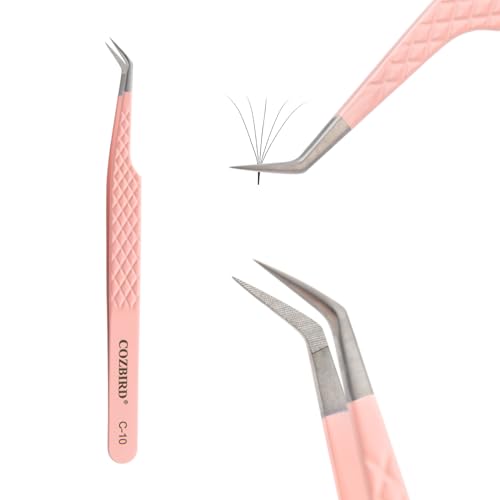 Fiber Tips 45 Degree Versatile Tweezers for Eyelash Extensions Volume Lashes or Isolation Diamond Grip High Precision Stainless Steel Pink (C-10)