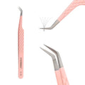 Fiber Tips 45 Degree Versatile Tweezers for Eyelash Extensions Volume Lashes or Isolation Diamond Grip High Precision Stainless Steel Pink (C-10)