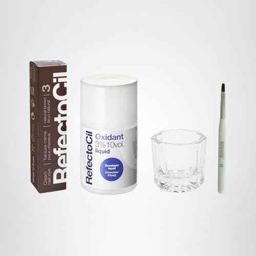 RefectoCil Natural Brown (#3) Hair Tinting Kit Includes Cream Hair Dye + Liquid Oxidant 3% + Mixing Brush & Mixing Dish