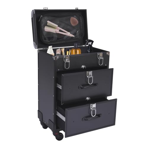 Lockable Rolling Makeup Train Case with 3 Drawers - 110lbs Capacity