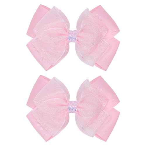 Glitter 4.5-Inch Hair Bows Organza Alligator Clips, Sequin Delicate Double Silver Thread Woven Mesh Hair Accessories for Girls, Toddler, Kids and Women Birthday Wedding - Set of 2 (Light Pink)