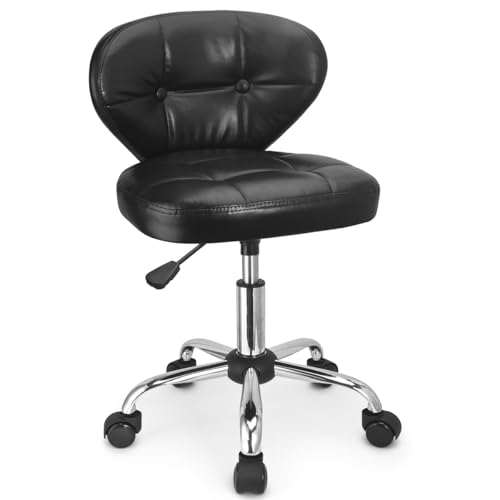JOSTZHXIN Home Rolling Stool, PU Leather Rolling Chair with Back, Height Adjustable Swivel Chair for Teen Petite Adults,Black