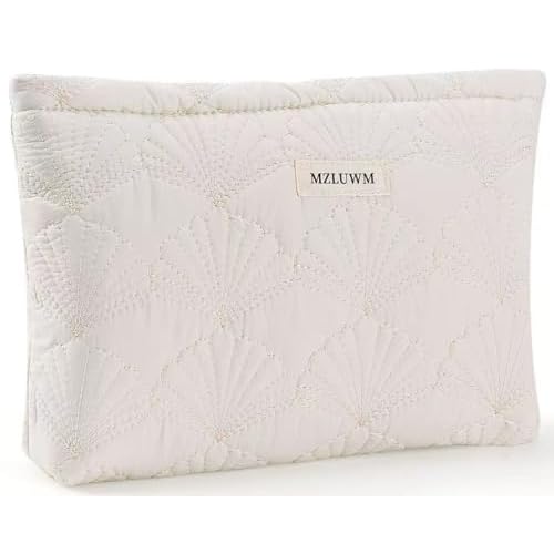 White Cotton Quilted Makeup Pouch£¬Cute Puffy Coquette Makeup Bag,Floral Cotton Quilted Cosmetic Bag for Women and Girls,Makeup Organizer Bag Zipper Pouch (White Shells)
