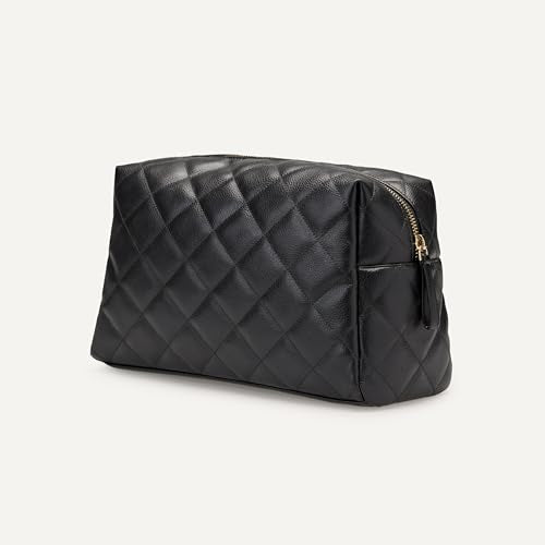 Amazon Essentials Women's Quilted Travel Makeup Bag - Black Faux Leather, One Size